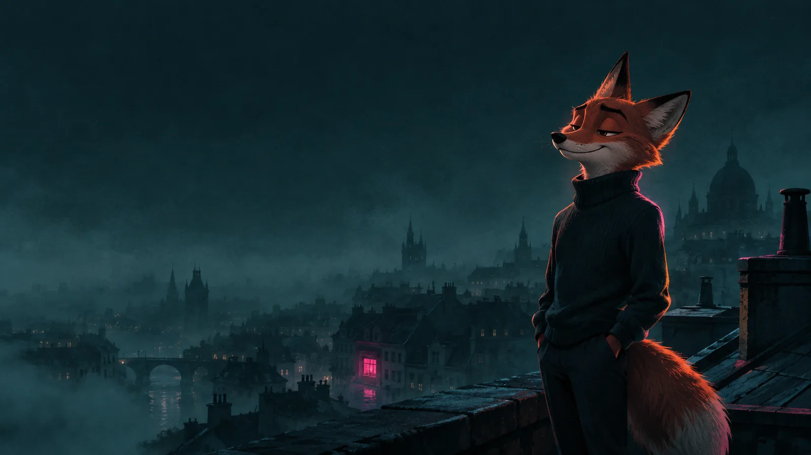 Illustration: Ein Fuchs blickt nachts über die Dresdner Altstadt, ein Fenster leuchtet pink.