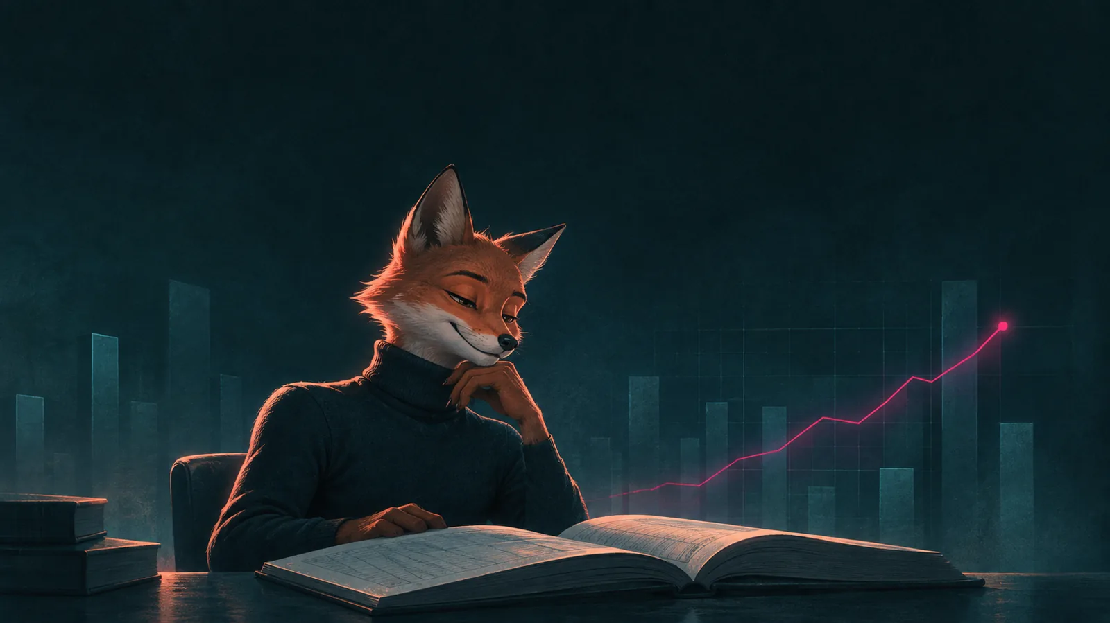 Illustration: Ein Fuchs studiert ein aufgeschlagenes Buch, daneben steigt eine pinke Kurve.